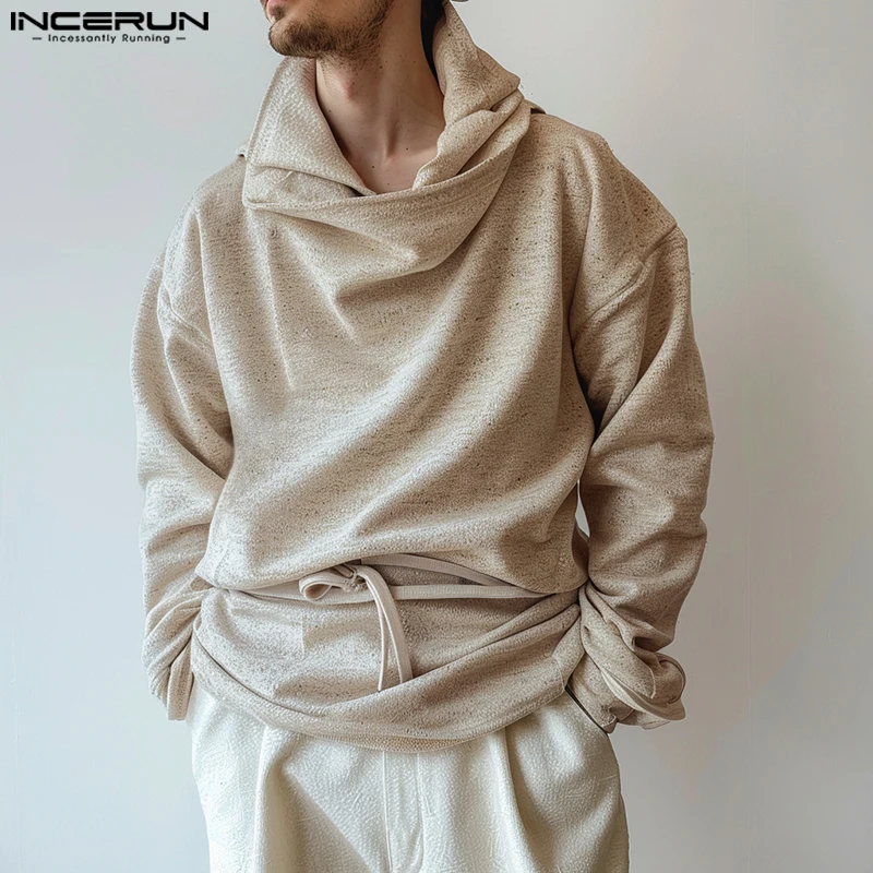 INCERUN Tops 2024 American Style Fashion Men Solid Pile Collar Hooded Sweatshirt Streetwear Men Long Sleeved Pullover Sweatshirt