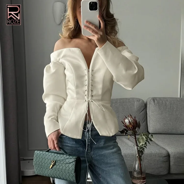 

Designer Inspired Off-Shoulder Top - Architectural Sleeve with Tie Detail, French Girl Top