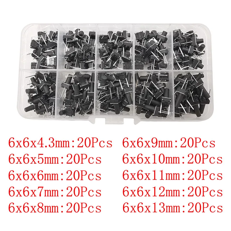 200Pcs/Box Micro Tactile Switch 6x6mm 2 Pin Tactile Tact Push Button Momentary Switch 6x6x4.3mm/5/6/7/8/9/10/11/12/13mm