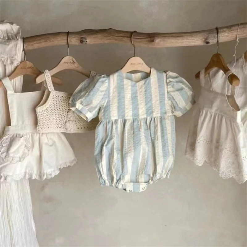 

2024 New Summer Baby Blue And Pink Stripe Romper Girls Cotton Jumpsuit Girl Short Sleeve Fashion O-neck Dress + Bodysuit 0-3Y