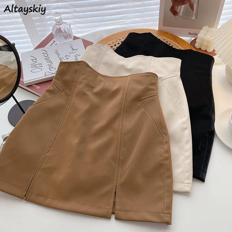 

Hot Summer Leather Pu Mini Skirts Women Fashion Sexy Korean Simple Side-slit Solid A-line Skirt Popular Chic All-match Leisure