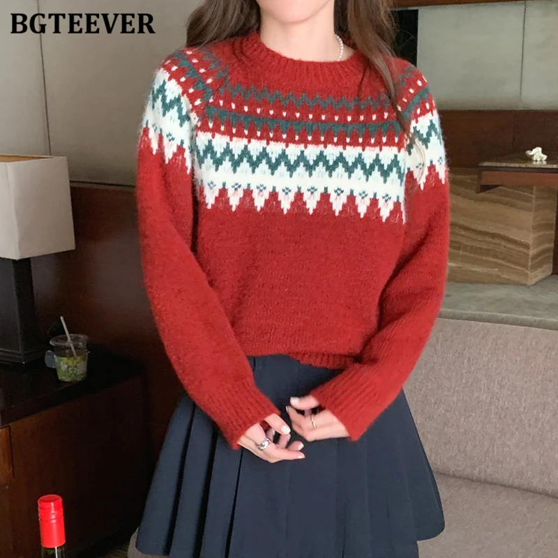 

BGTEEVER винтажные теплые свободные женские жаккардовые вязаные джемперы с круглым вырезом, повседневные женские свитера с длинными рукавами, пуловеры, осень-зима