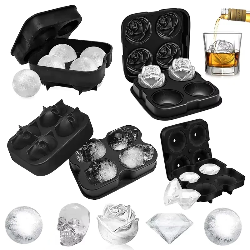 Silicone 3D Round Ice Mould Iceball Mold Diamond Skull Shaped Reusable Ice Cube Mold Tray Easy to Take Out Whiskey Ice Cube Mold
