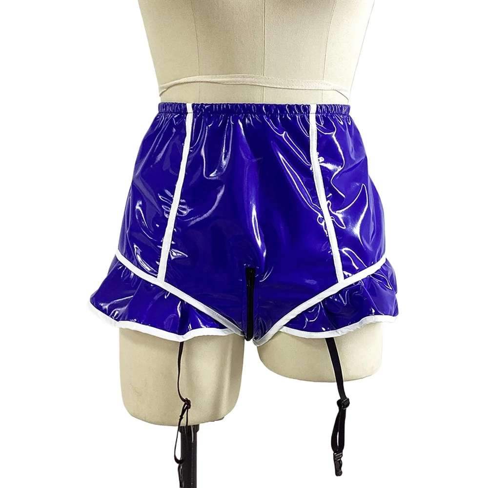 Gothic Punk High Waist Shiny PVC Shorts with Garter Belt, Sexy Ruffles,Patchwork Hot Pants, Pole Dancing, Wetlook Party Lingerie