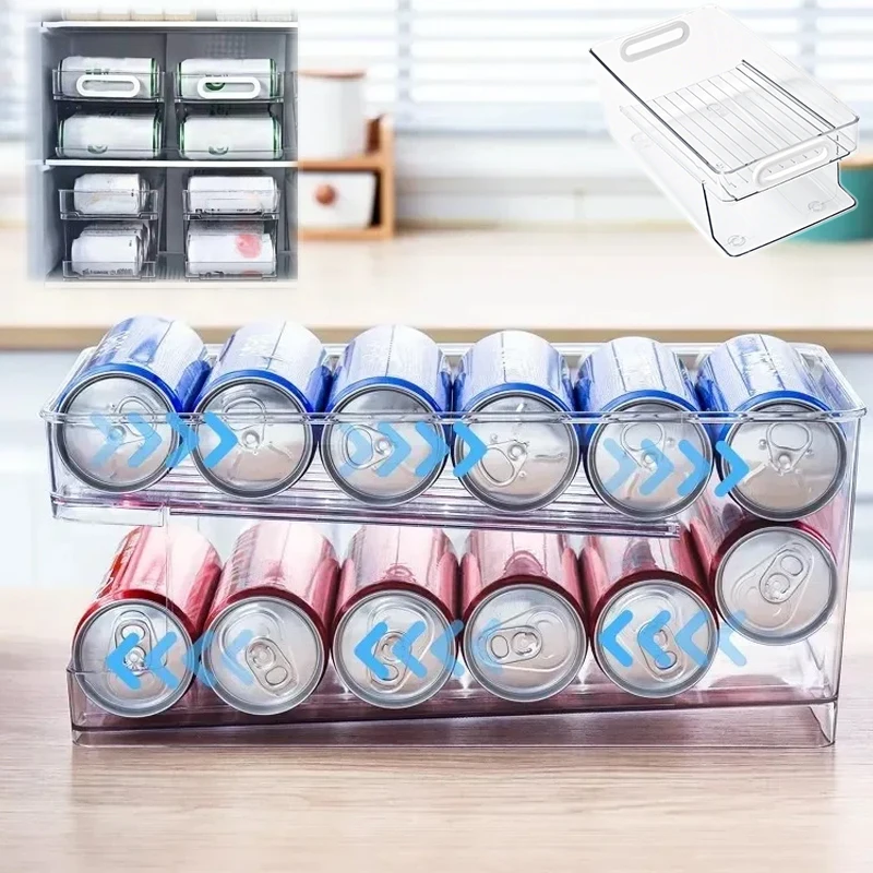 

Clear Plastic Soda Can Dispenser for Refrigerator large capacity 1/2-layer Automatic Rolling Drink Organizer Kitchen Accessories