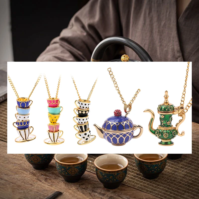 Enamel Tea Cups Jewelry Necklace on the Neck Temperament Long Pendants and Necklaces Turkish Copper Mug Costume Decoration Women