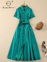 SEQINYY Green Shirt Dress Summer Spring New Fashion Design Women Runway Short Sleve Pockets A-Line Belt Office Lady High Street