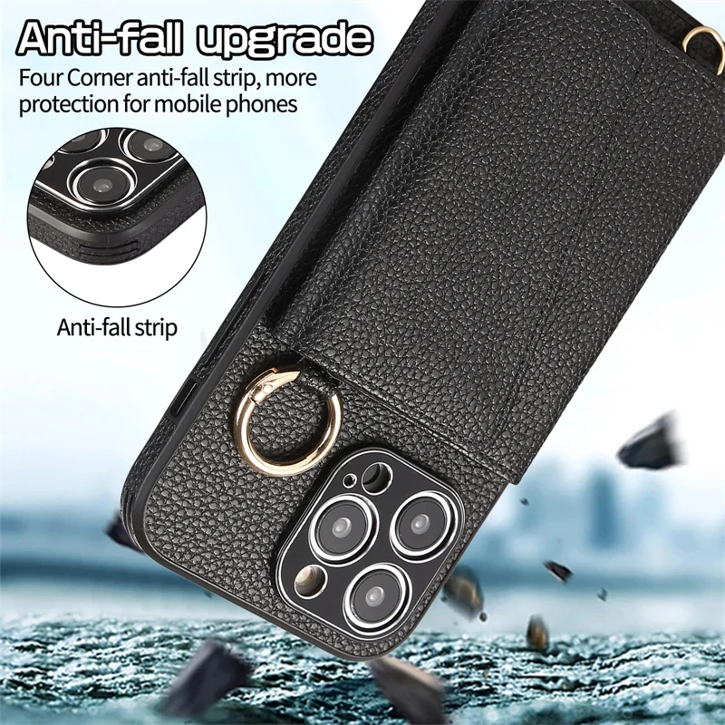 Trendige Crossbody-Hülle mit Lanyard, Make-up-Spiegel und Kartenfächern für iPhone 18, 18 Pro, 16, 17 Pro Max, 15, 14, 13, 12 mit Ringhalter – Detail 7