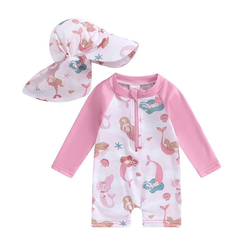 

Baby Girl s Bathing Suit Set Sea Shell Print Long Sleeve Rash Guard Swimsuit Wide Brim Sun Hat Infant Toddler Beachwear