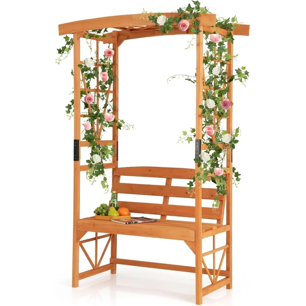 

6.25ft Garden Arbor with Bench, Wooden Arch w/Side Trellis for Climbing Plants & Vines, 2-Person Outdoor Seating, Country Botani
