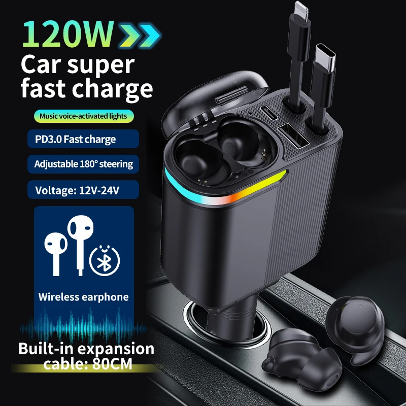 

120W super fast charging, wireless Bluetooth earphones High-quality Retractable car charger Type-C USB port For iPhone Android