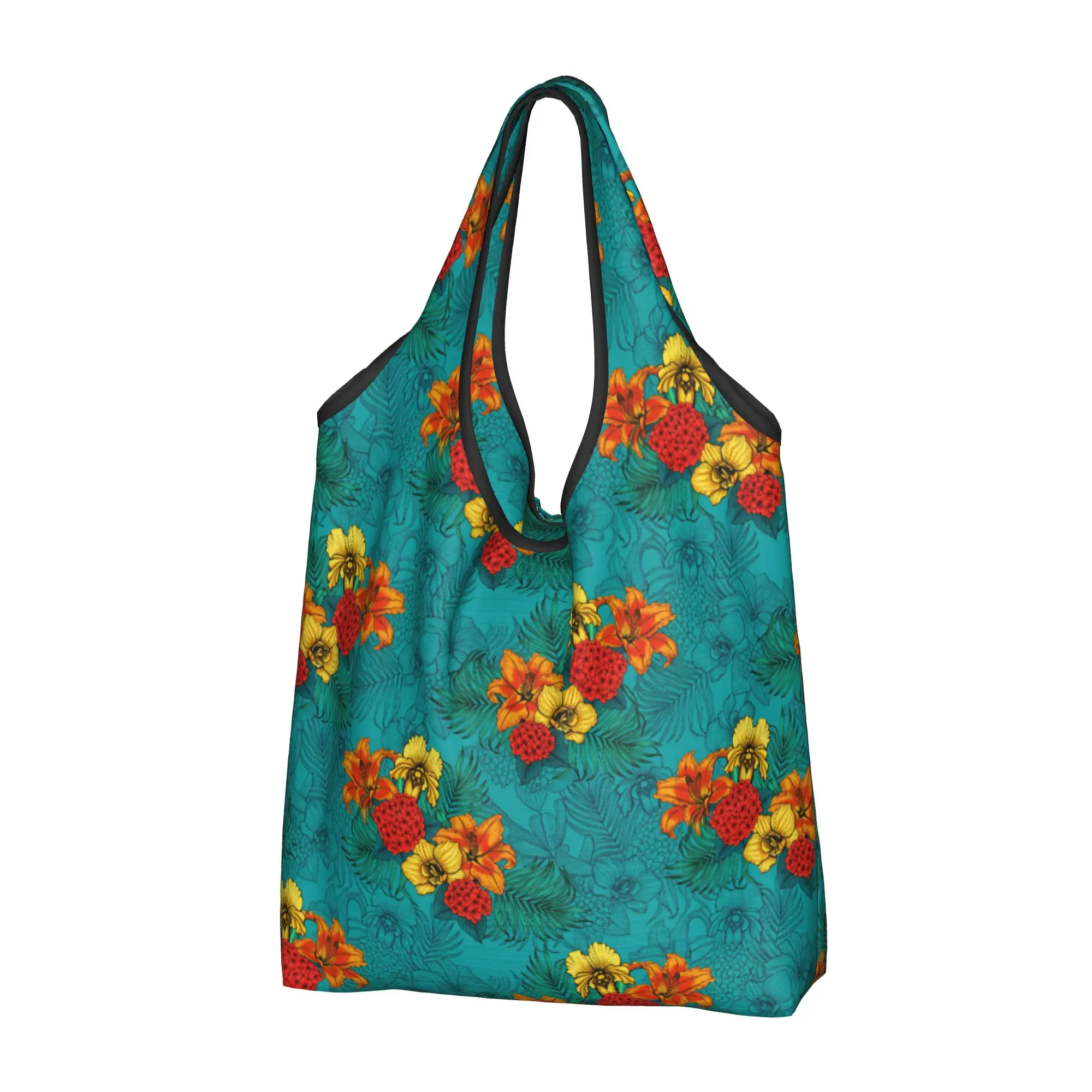 Funny Tropical Floral Lilies Yellow Orchid  Shopping Tote Bags Portable Red Flower Clusters Grocery Shopper Shoulder Bag