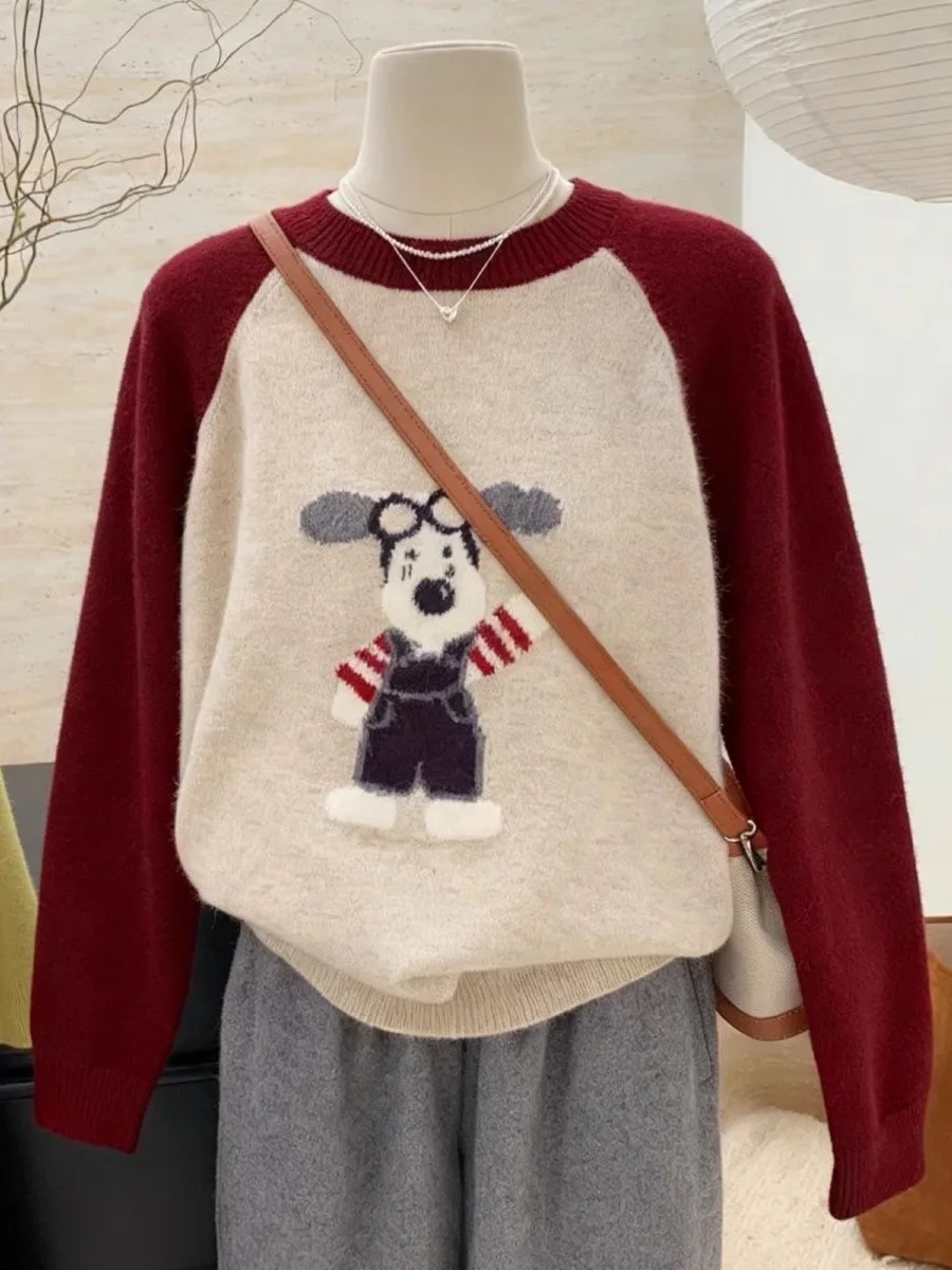 Cute Cartoon Dog Spliced Color Knitted Loose Sweater round Ne Long Sve Anti-pilling Autumn Winter Women's Faion Slimmi...