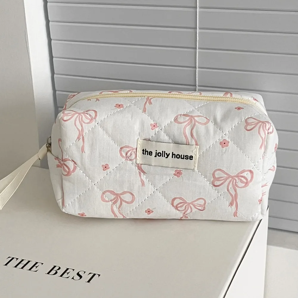 New Korean Style Cosmetic Bag Multi-size Zipper Travel Storage Bags Pink Bow Plaid Handbag for Women Girls