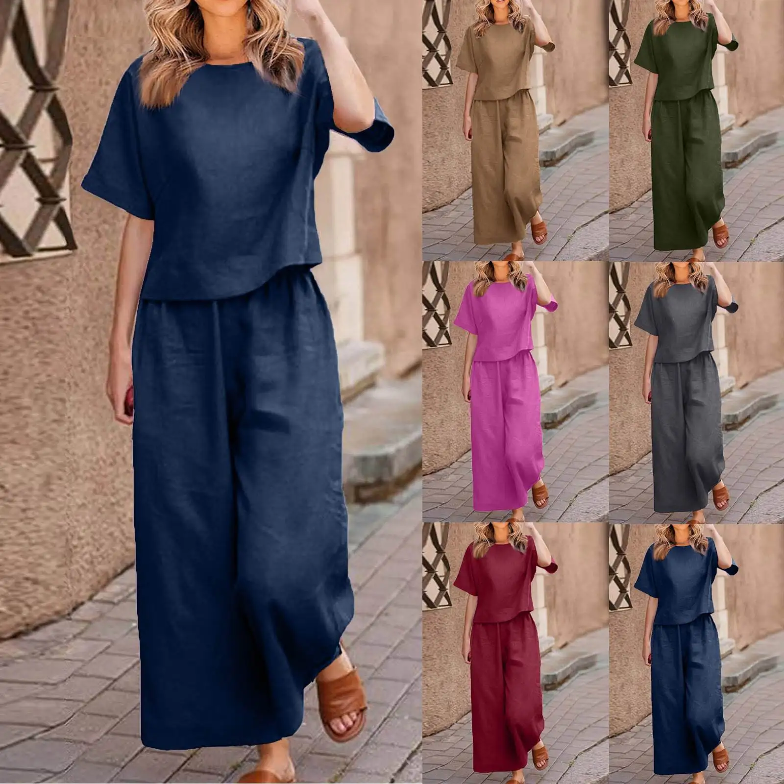 

Casual Cotton Linen Color Women's Set Summer New ort Sve T-irt Wide Leg Pants Two Piece Set Faionable Ensemble