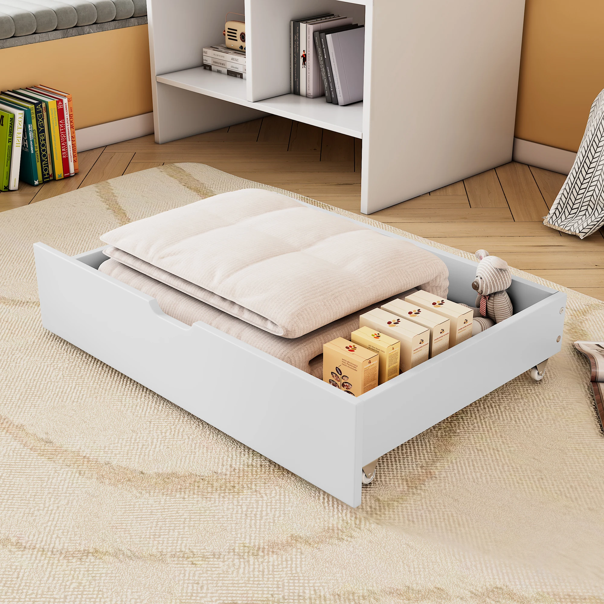 2 drawers for storage under the bed, MDF with floor wheels, White, 93x65x20 cm (drawers only)