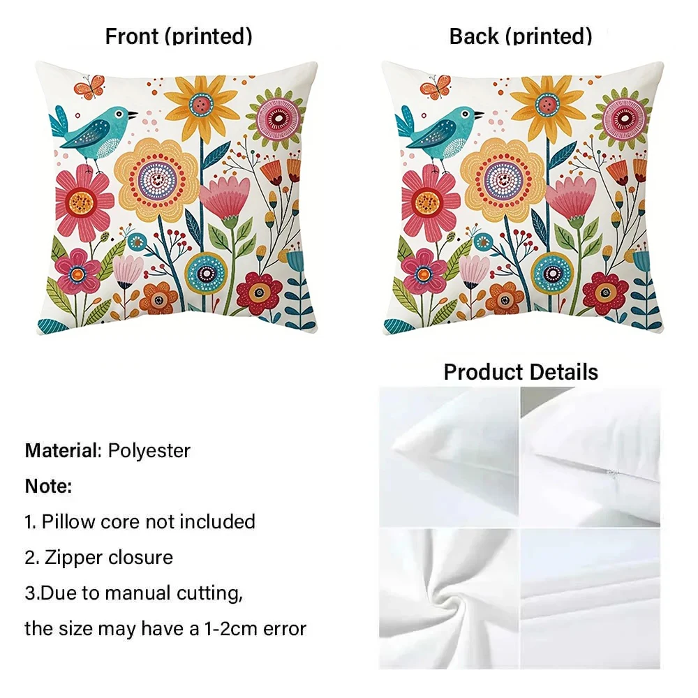4Pcs Colorful Folk Floral & Bird Print Pillow Covers, Polyester Cushion Cases for Home Decor, Living Room & Bedroom Decoration