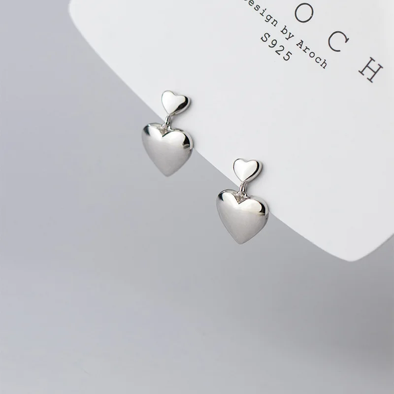 Earrings Silver 925 Double Love Heart Glossy Surface Unique Simple Elegant Jewelry Women's Earrings Pendientes Mujer JHE149
