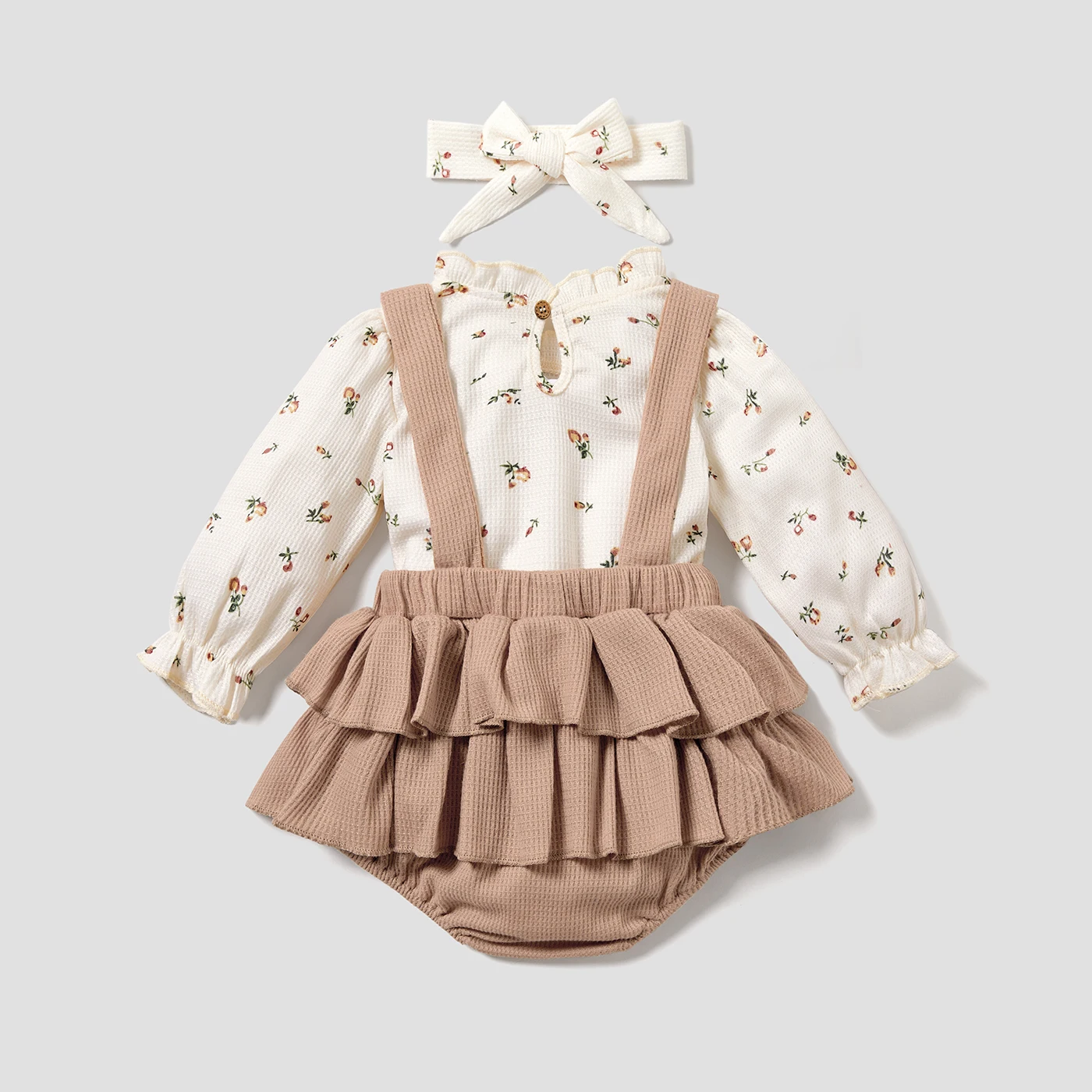 PatPat 3pcs Baby Floral Print Long-sleeve Top and Ruffle Suspender Skirted Shorts Set Perfect for Outings and Daily Wear