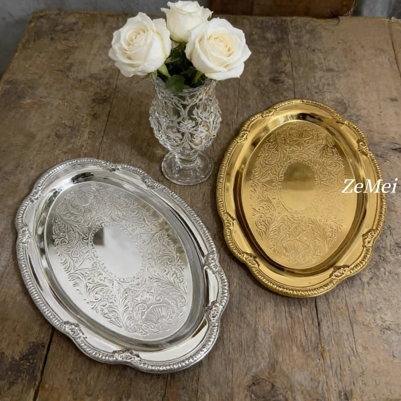 European-Style Elliptical Cake Plate, Exquisitely Carved Creative Display Metal Coffee Cup Tray, Home Dessert Plate Decoration