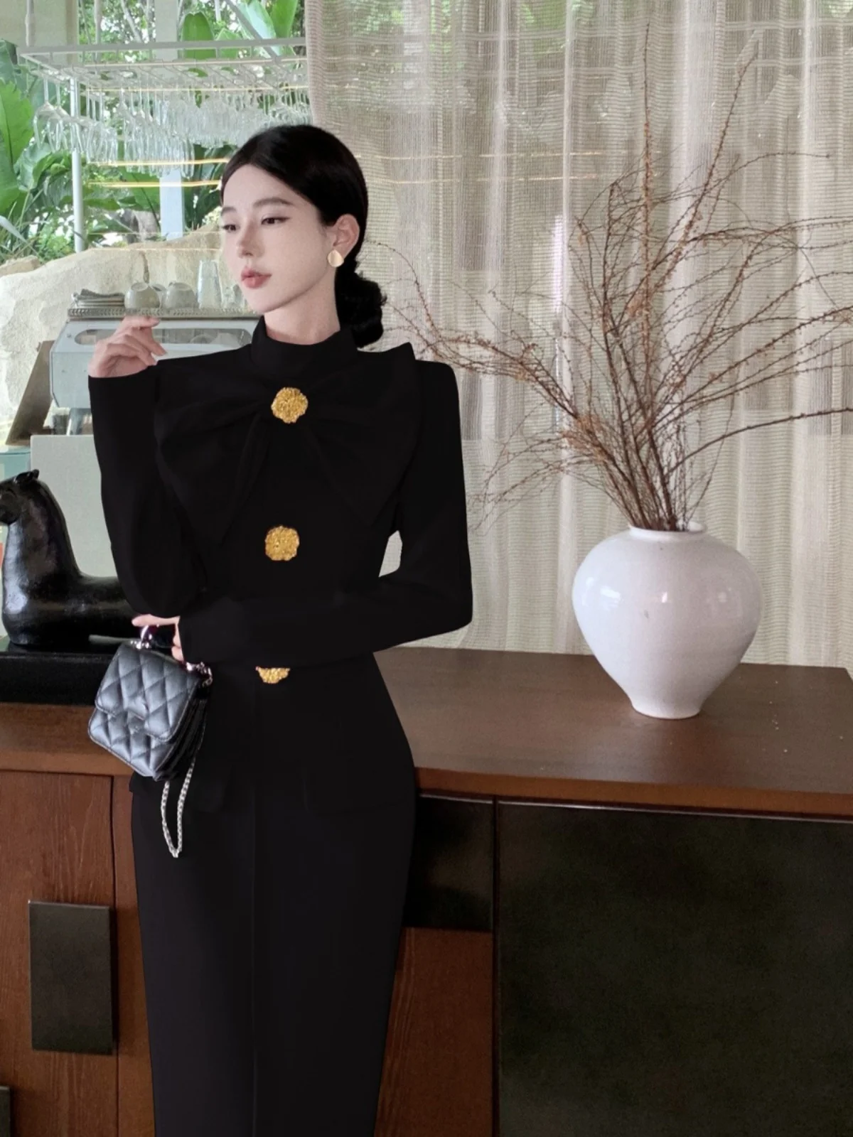 Ele Knot Front Slit Slimming Bodycon Dr Korean Sle A-Line Midi Skirt Long Sve Autumn Winter Faion