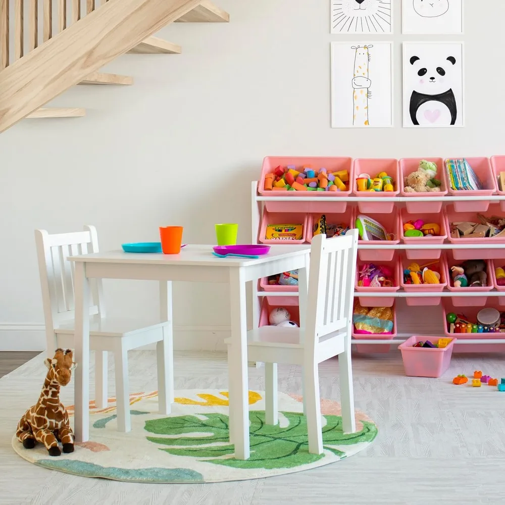 Kids Wooden Table and 2 Chairs Set, White - Square Kids Table and Chair Set for Toddlers and Children for Arts, Crafts