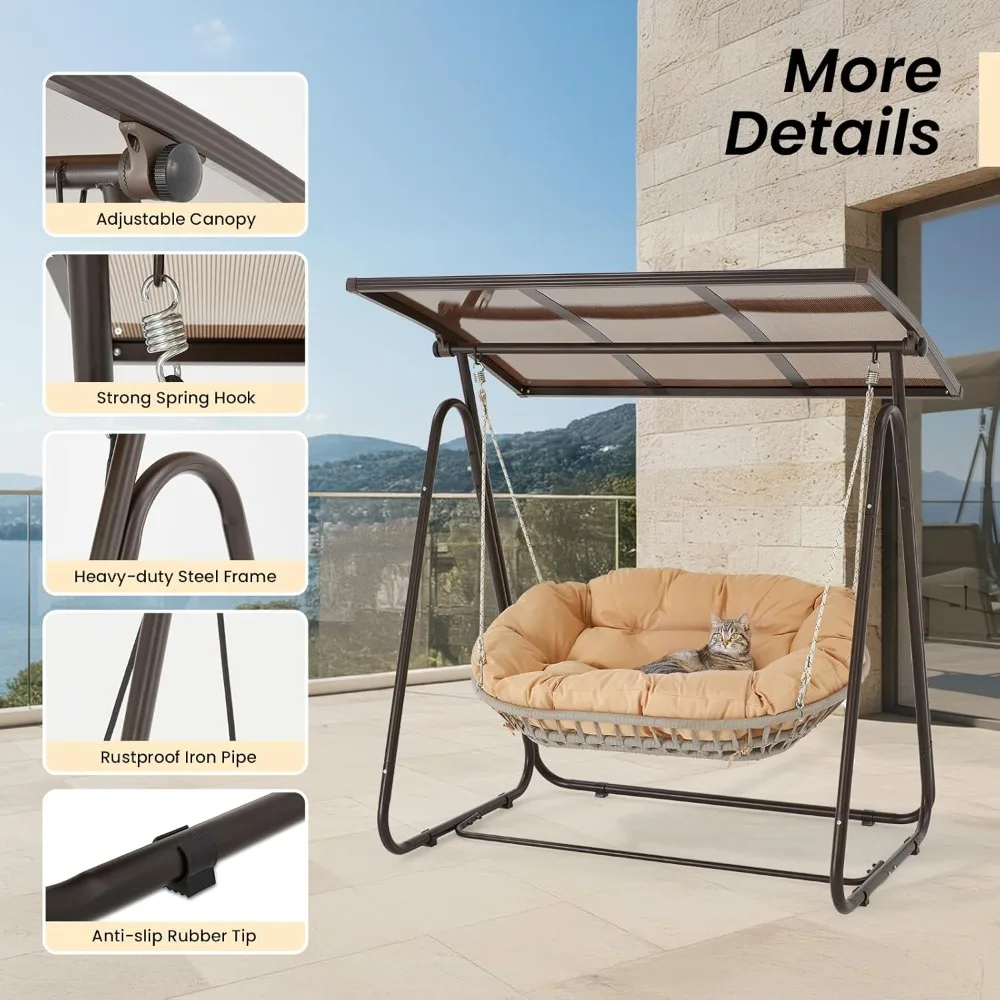 أرجوحة الشرفة الخارجية لشخصين مع مظلة صلبة قابلة للتعديل، وسائد سميكة 5.9 بوصة، كرسي أرجوحة من الخيزران المقاوم للطقس مع