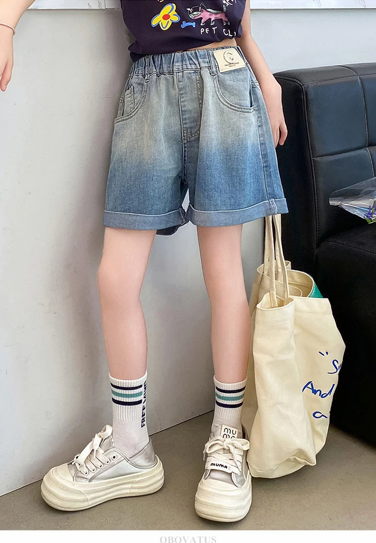 Neu eingetroffen: Sommerliche Jeans-Shorts mit Farbverlauf für Mädchen von 5 bis 14 Jahren, modische Teenagerkleidung, lässige kurze Hosen für Kinder. – Detail 8