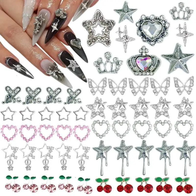 

80Pcs Mixed Alloy Y2K Star Shaped Nail Art Decorations 3D Butterfly Crown Heart Shining Flat Rhinestone Nail Charms Supplie