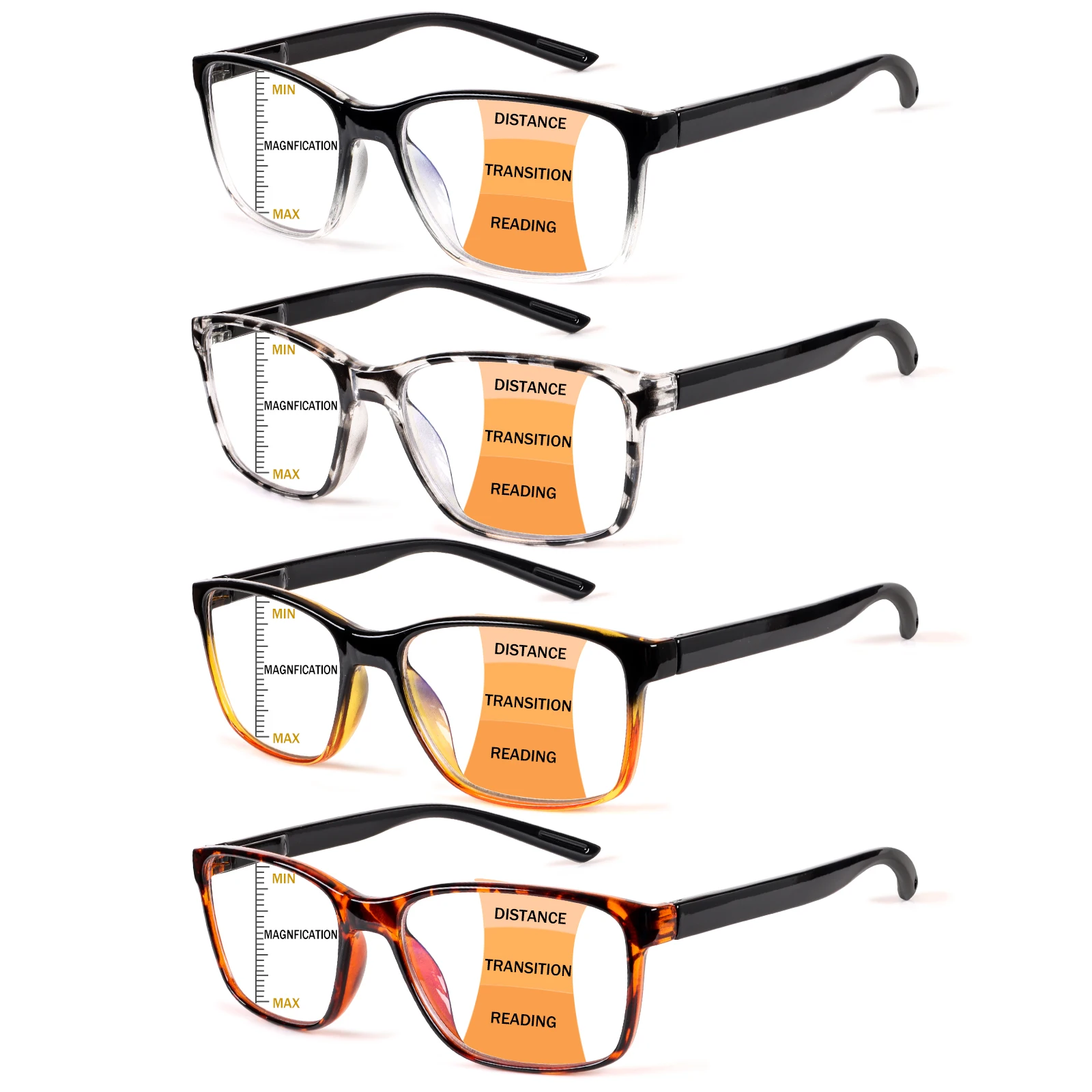 4 Pack Progressive Multifocal Reading Glasses Blue Light Blocking Spring Hinge Square Near Far Presbyopic Eyewear Men Women
