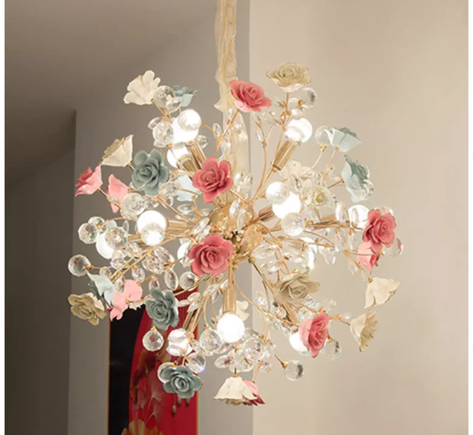 Modern Floral Crystal Chandeliers Colorful Rose Decoration Chandelier De Lighting Nordic Living Room Ceramic Flower Pendant Lamp