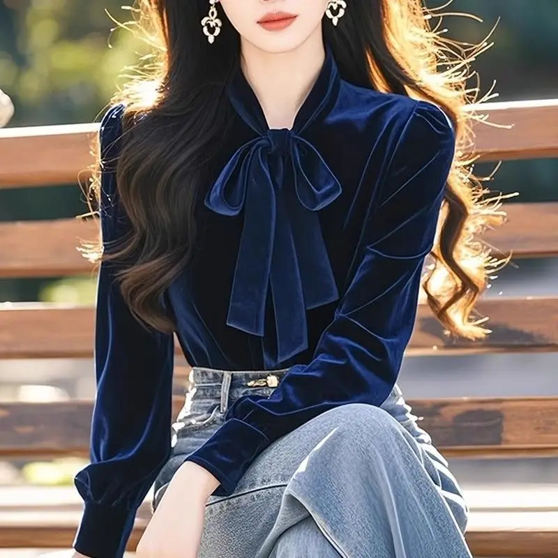 

Women Clothing Velvet Long Sleeve All-match Elegant Blouse Spring New Solid Plus Size Vintage Shirt Tops Fashion Korean JJ260