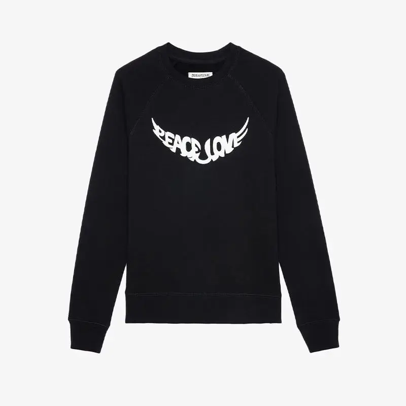 Zadig Bluza damska Casual Black Chic Peace Love Wings Print Pullover Tops Kobiece bawełniane klasyczne bluzy z długim rękawem