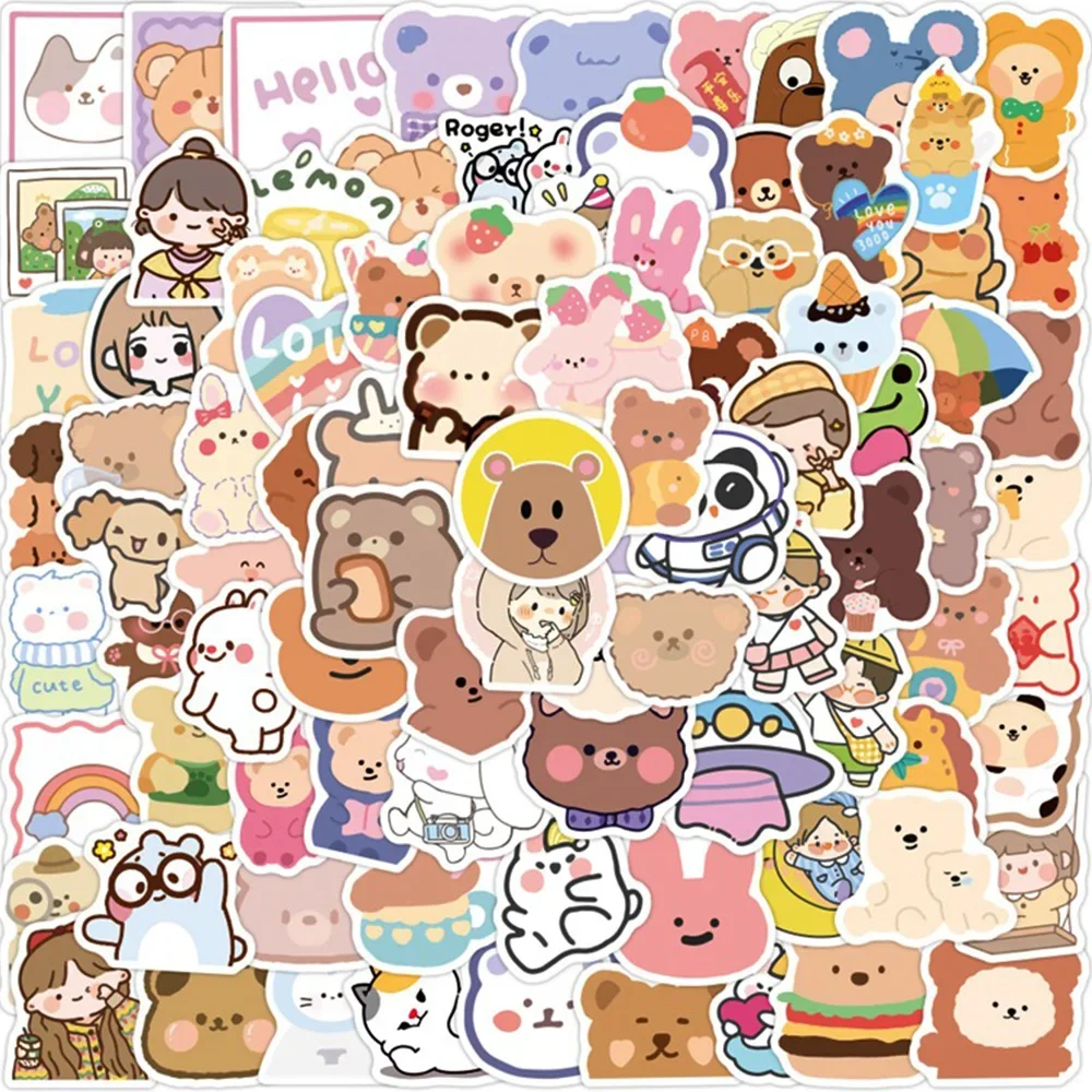 100pcs Cute Cartoon Bear Stickers Kawaii Decals DIY Diary Phone Laptop Scrapbooking Waterproof Stickers for Kids Girls