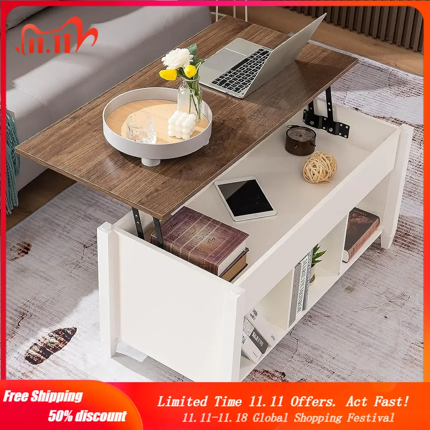 

White Coffee Table with Lift Top, Lift Up Coffee Table with Storage Shelf/Hidden Compartment, Pop Up Coffee Table