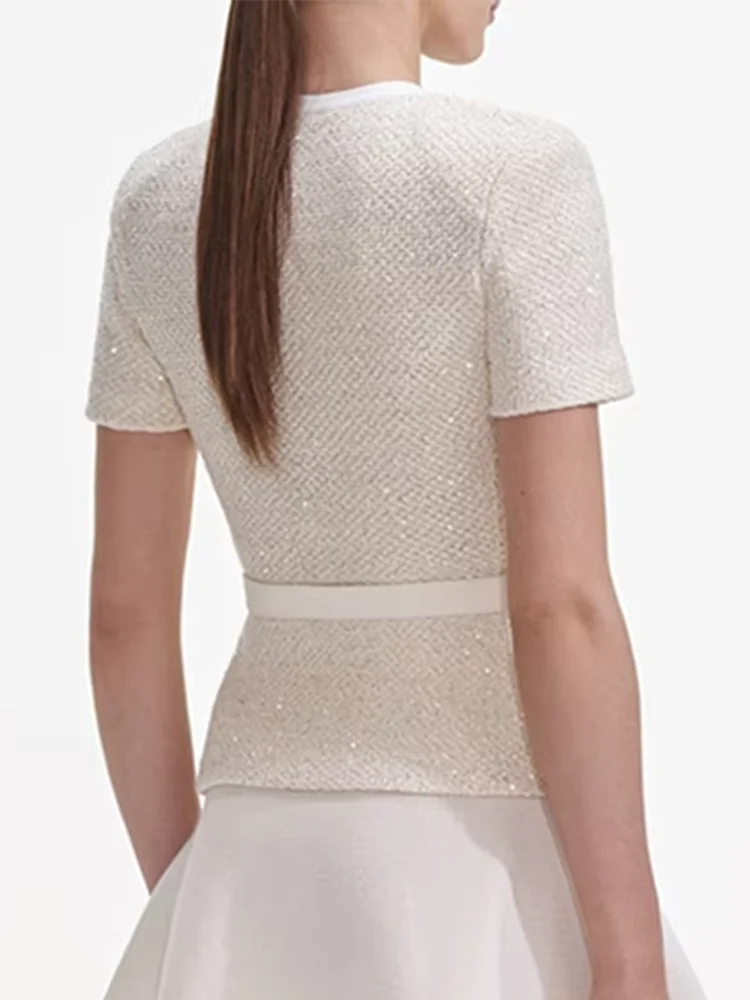 VGH French Elegant Spliced Bowknot Slimming Solid Jackets For Women Round Neck Short Sleeve Elegant Coat Female Fashion Style