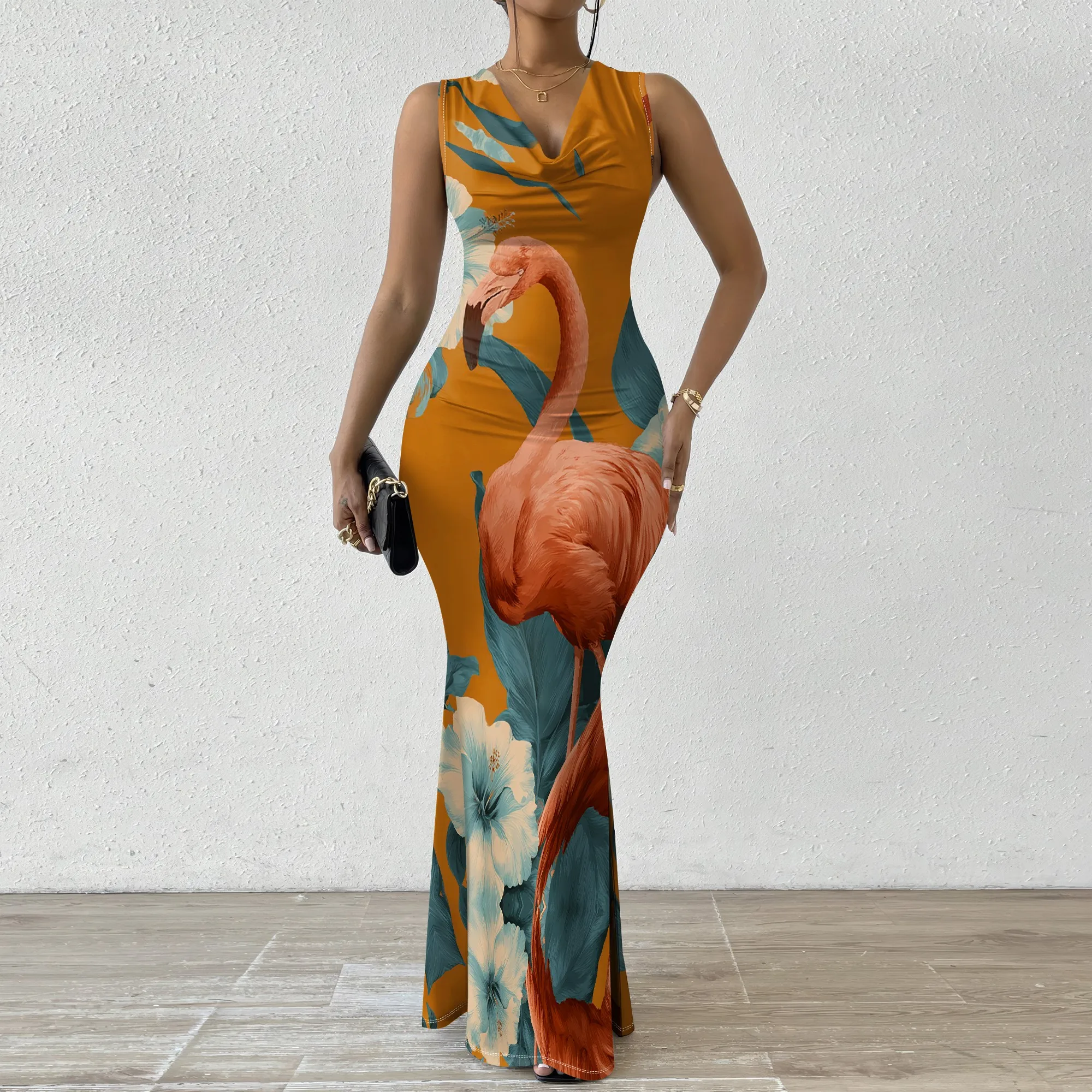 

Flamingo Print Cowl Neck Maxi Dress for Women XS-2XL 2025 Tropical Summer Mermaid Bodycon Vacation Party Dress