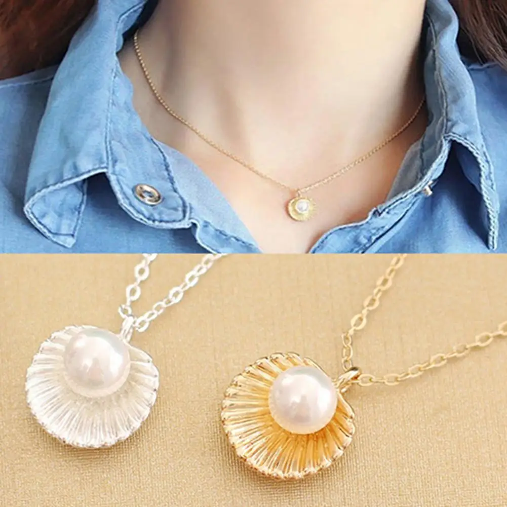 Fashion Wedding Necklace Shell Faux Pearl Elegant Alloy Valentine Day Pendant Necklace Link Chain