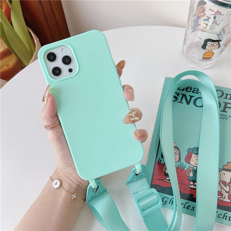 Crossbody Lanyard Matte Silicone Soft Case Voor iPhone 15 Pro Max 14 13 12 11 XR XS X 7 8 Plus ketting Riem Schokbestendige Cover