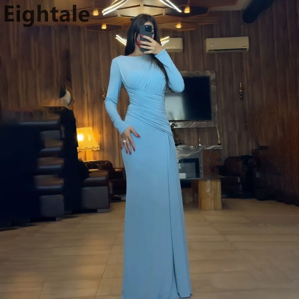 

Eightale Sky Blue Evening Dress O-Neck Pleat Long Sleeves Muslim Customized Arabic Prom Gown Muslim Party Dress robe de soiree