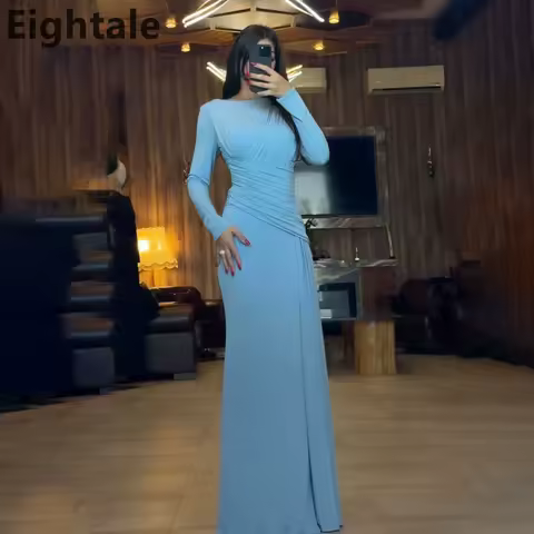Eightale Sky Blue Evening Dress O-Neck Pleat Long Sleeves Muslim Customized Arabic Prom Gown Muslim Party Dress robe de soiree