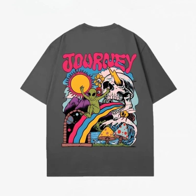  Aesthetic Psychedelic Journey Graphic Tee Trippy Green Alien Skull Magic Mushroom Rainbow Sun Hippie Streetwear Cotton Tshirt