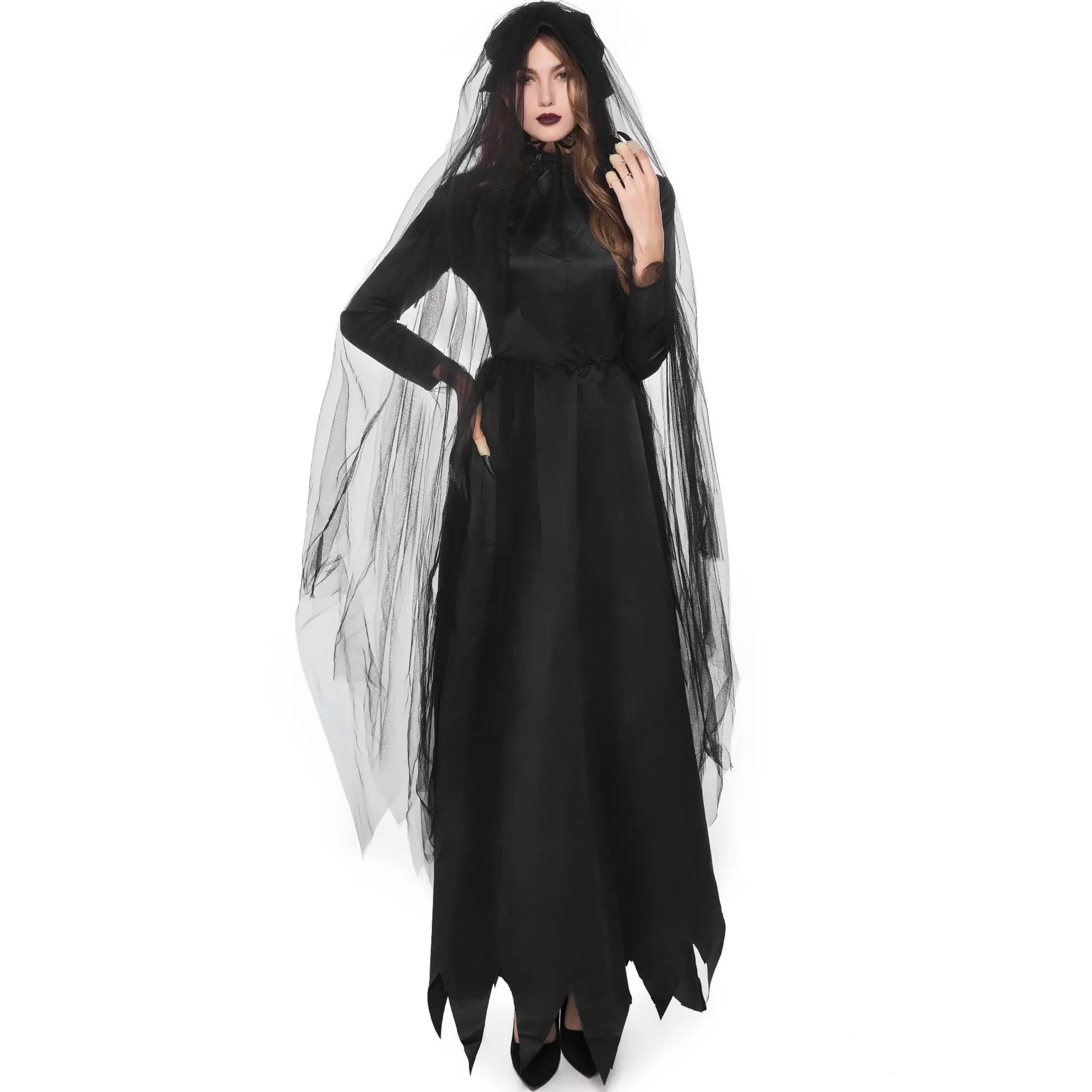 Scary Ghost Witch Vampire Bride Cosplay Costume for Women Halloween Carnival Party Cape Witch Death Ghost Long Dress