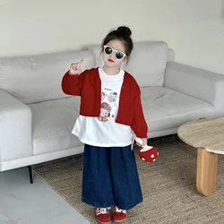 Girls Sweater 2024 Autumn New Childrens Wear Korean Style Girl Baby Red Cute Small Fresh Sweater Cardigan Casual Simple Daily