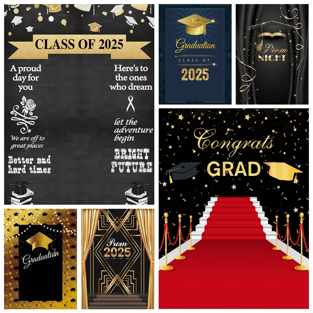 Graduation Backdrop for Photography Class of 2025 Congratulations Graduates Prom Party Glitter Balloon Bachelor Caps Background