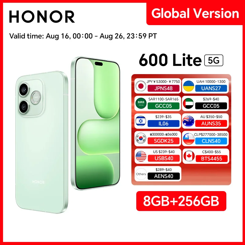 New Global Version HONOR 600 Lite 5G Smartphone 8GB+256GB 6.6'' AMOLED Screen 108MP Main Camera 6520 mAh 45W SuperCharge NFC