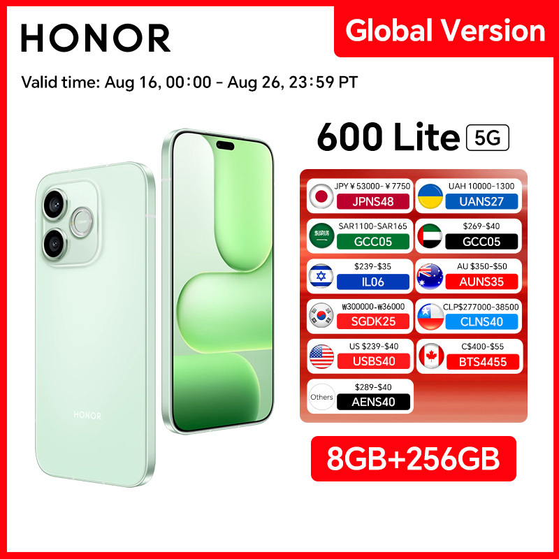  New Global Version HONOR 600 Lite 5G Smartphone 8GB+256GB 6.6'' AMOLED Screen 108MP Main Camera 6520 mAh 45W SuperCharge NFC 