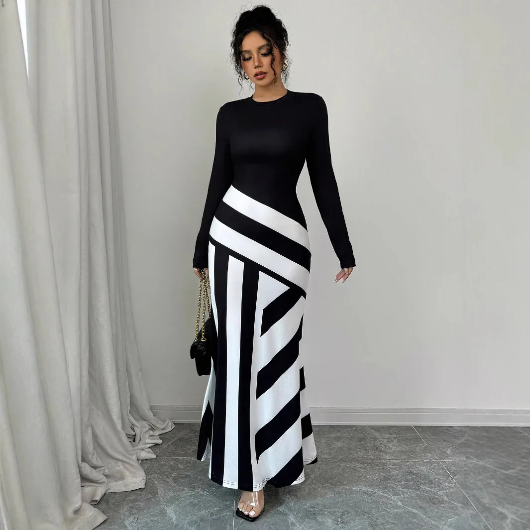 

Women's Maxi Dresses Casual Long Sleeve Black White Striped Bodycon Dress 2026 New Elegant Evening Party Vestidos Sexy Dresses