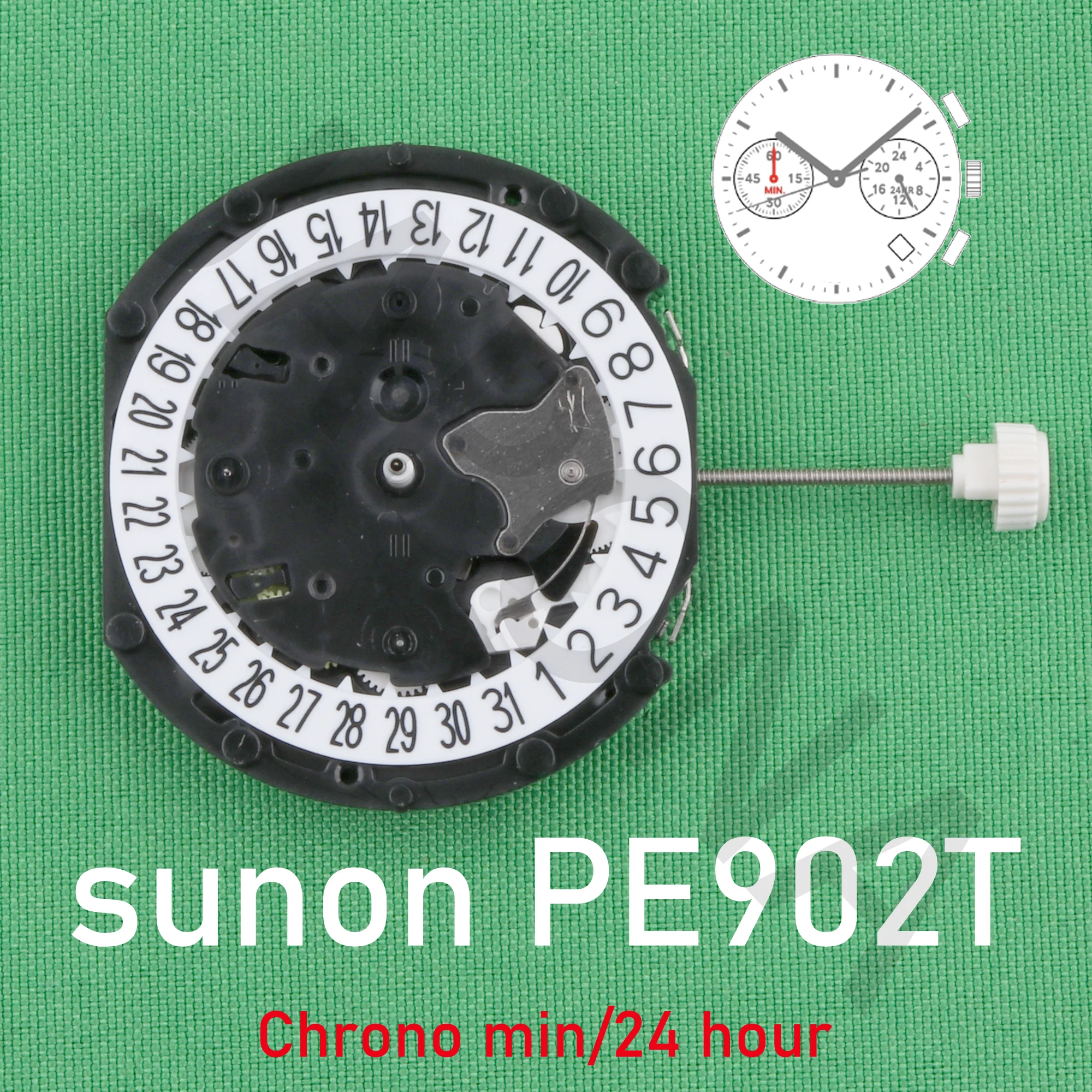 pe902T china sunon PE902T movement Ligne Quartz Movement Three Hands with 2Eyes ＆Date Small Chronograph Second ,24Hour PE90