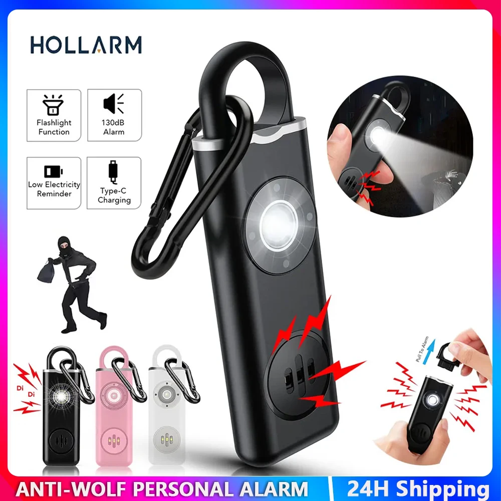 Hollarm Self Defense Alarm 130dB Anti-wolf Personal Alarm for Woman With LED Light USB-C Charge Emergency Anti-Attack Keychain